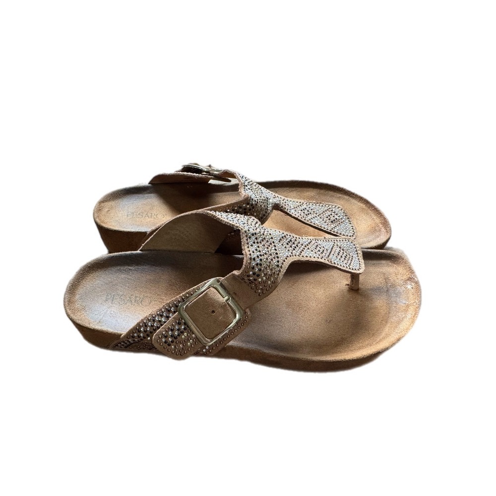 Pesaro Rhinestone Thong Sandals Women 10 Tan Good Embellished Comfort Buckle
